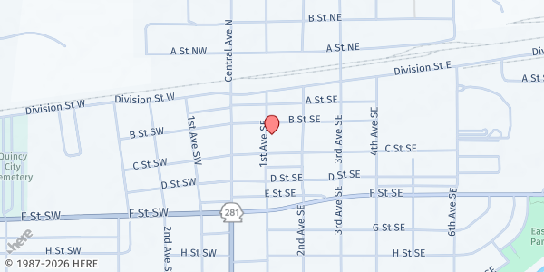Map showing Quincy Community Food Bank at 210 1st Ave SE, Quincy, WA