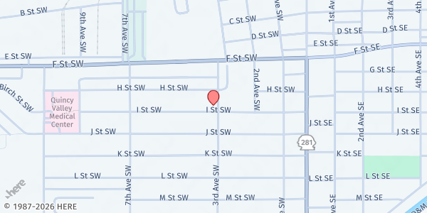 Map showing Quincy Free Methodist Church at 301 I St SW, Quincy, WA