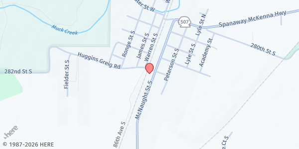 Map showing Nourish Mobile Food Bank - Roy at 403 McNaught Rd S, Roy, WA