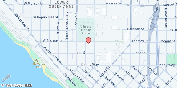Map showing Queen Anne Food Bank at Sacred Heart Parish at 232 Warren Ave N, Seattle, WA