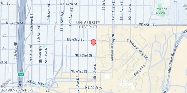 Map showing ROOTS Shelter & Friday Feast at 1415 NE 43rd Street, Seattle, WA
