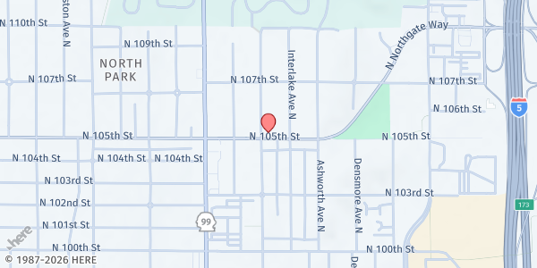 Map showing The Giving Room Food Bank at Epic Life Church at 10510 Stone Ave N, Seattle, WA