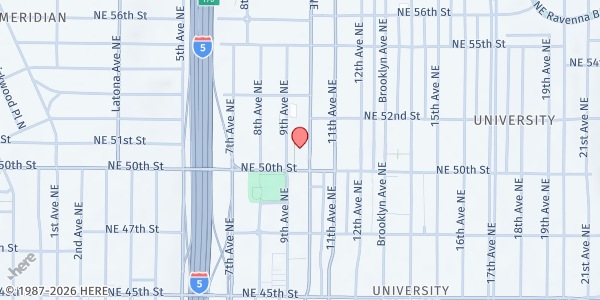 Map showing University District Food Bank at 5017 Roosevelt Way Northeast, Seattle, WA
