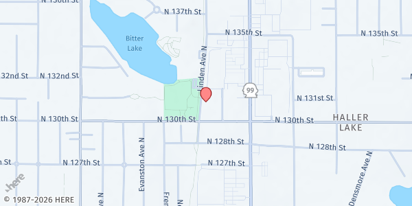 Map showing Volunteers of America-Bitterlake - Food Distribution Center at 13000 Linden Ave N #102, Seattle, WA