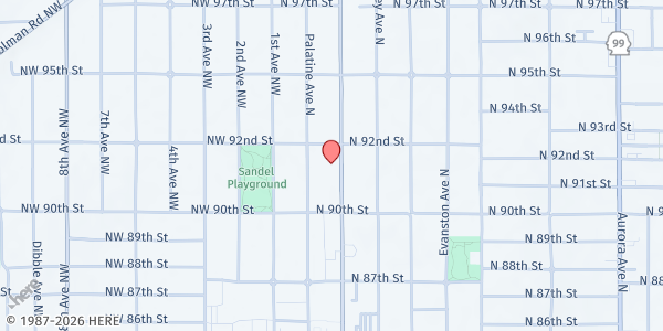 Map showing Volunteers of America Greenwood Food Bank at 9041 Greenwood AVE N, Seattle, WA
