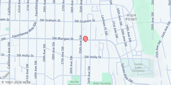 Map showing West Seattle Food Bank at 3419 SW Morgan St, Seattle, WA