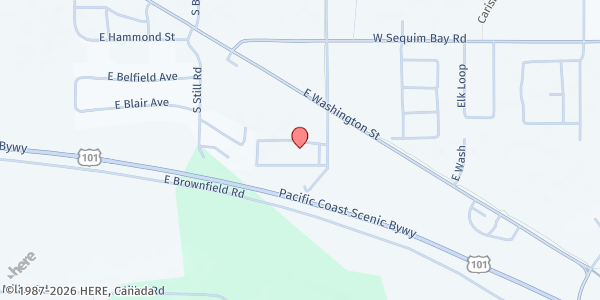 Map showing Sequim Food Bank at 90 S. Rhodefer Rd, Sequim, WA