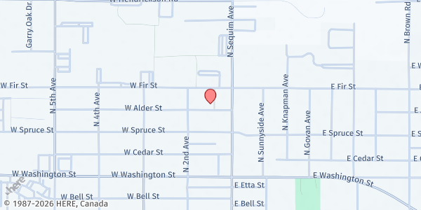Map showing Sequim Food Bank at 144 W. Alder Street, Sequim, WA