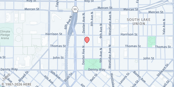 Map showing One Love Community Fridge @ Dignity for Divas at 306 Dexter Avenue North, South Lake Union, WA