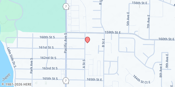 Map showing Spanaway Lutheran Church at 16001 A Street South, Spanaway, WA