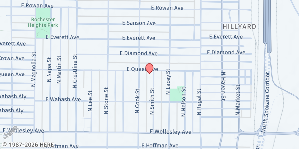 Map showing New Beginnings Community Resource at 2524 E Queen Ave, Spokane, WA