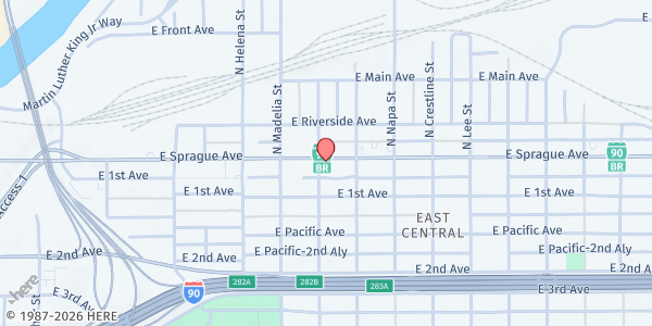 Map showing One World Spokane - Food Distribution Center at 1804 E Sprague Ave, Spokane, WA
