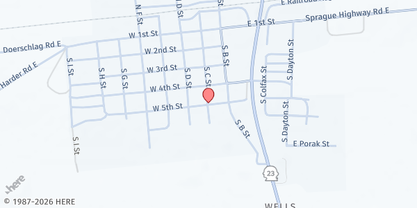 Map showing Sprague Horizons Community Food Bank at 213 S C St, Sprague, WA