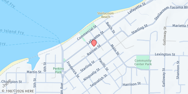 Map showing We Love Steilacoom Association at 1603 Rainier Street, Steilacoom, WA