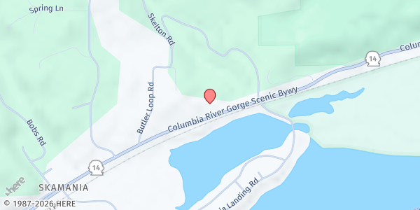 Map showing Skamania Community Church at 33391 WA-14, Stevenson, WA