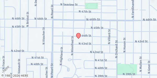 Map showing Holy Cross - Tacoma at 5510 N 44th St, Tacoma, WA
