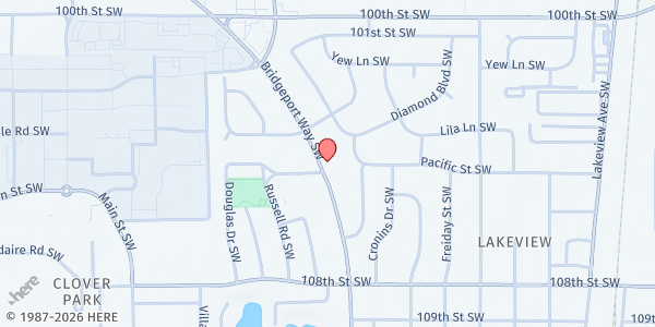 Map showing Prince of Peace Lutheran Church at 10333 Bridgeport Way SW, Tacoma, WA