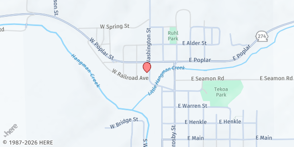 Map showing Tekoa Food Bank - Food Distribution Center at 419 Washington St, Tekoa, WA