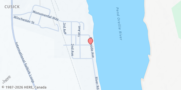 Map showing Cusick Food Bank - Pend Oreille Bible Church - Food Distribution Center at Riverside Ave, Usk, WA