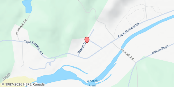 Map showing Makah Food Bank at 90 Resort Dr, Wa'Atch, WA