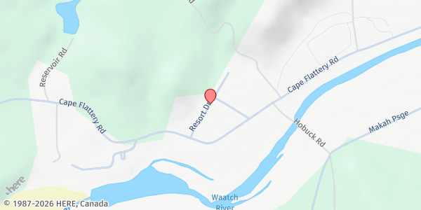 Map showing Makah Food Bank at 90 Resort Dr, Wa'Atch, WA