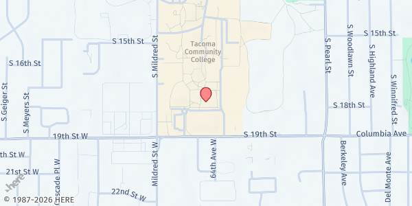 Map showing Nourish Mobile Food Bank Tacoma Community College (Lot F) at 6501 South 19th Street, West End, WA