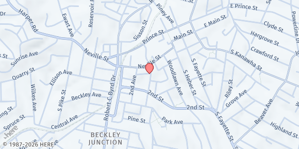 Map showing Helping Hands Community Resources - Beckley First Baptist Church at 106 1st Ave, Beckley, WV