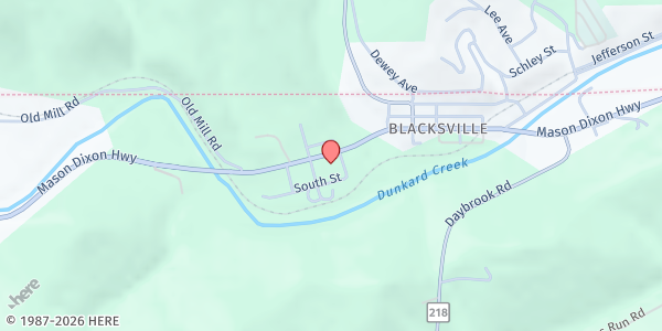 Map showing Blacksville Baptist Church at 6051 Mason Dixon Hwy, Blacksville, WV