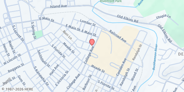 Map showing Cross Lines Information and Help Agency - Buckhannon at 68 COLLEGE AVE., BUCKHANNON, WV