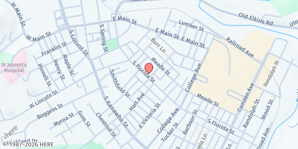 Map showing First United Methodist Church at 52 S Florida St, Buckhannon, WV