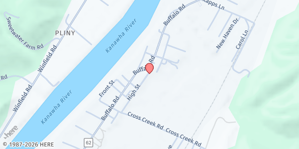 Map showing Buffalo United Methodist Church at 27 High St., Buffalo, WV