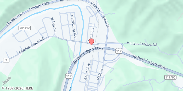 Map showing Chapmanville Church of God at 113 Crawley Creek Rd, Chapmanville, WV