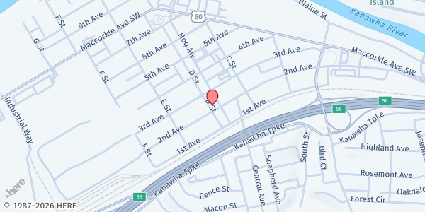 Map showing Heart and Hand Outreach Ministries and Thrift Store at 212 D St, Charleston, WV