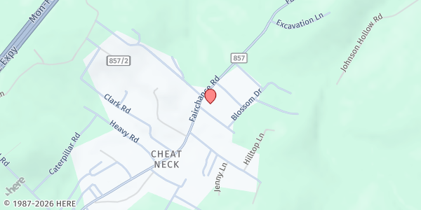 Map showing Scott's Run Settlement House at 750 FAIRCHANCE ROAD, CHEAT LAKE, WV