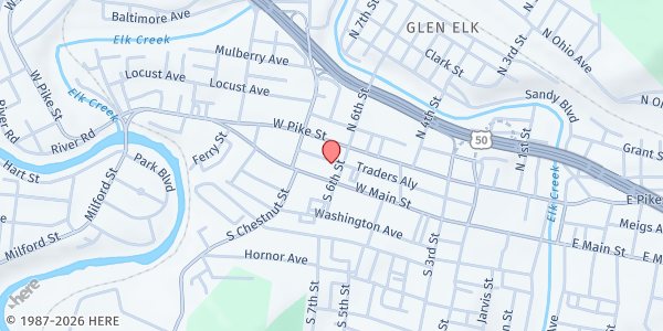 Map showing Harrison County Senior Citizens Center at 500 West Main Street, Clarksburg, WV