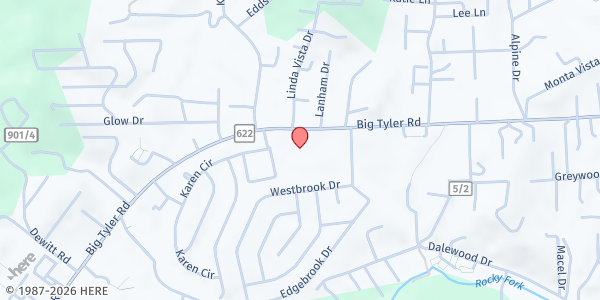 Map showing Tyler Mountain/Cross Lanes Community Services at 5345 Big Tyler Rd, Cross Lanes, WV
