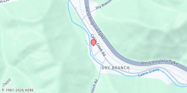 Map showing Sharon First Church of God at 2122 Cabin Creek Rd., Dry Branch, WV