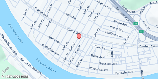 Map showing DUNBAR COMMUNITY PARTNERS at 340 18TH STREET, DUNBAR, WV