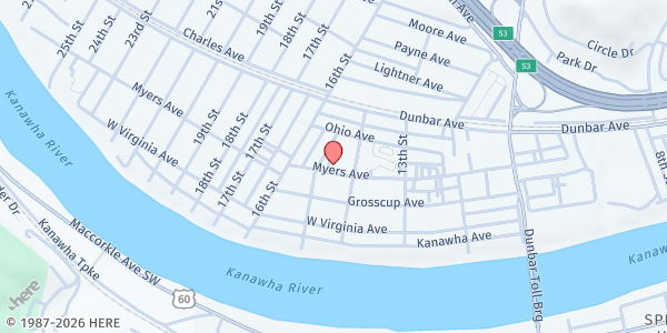 Map showing First Presbyterian Church of Dunbar at 1414 Myers Ave., Dunbar, WV