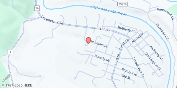 Map showing LIVING HOPE MINISTRY at 74 PIONEER CIRCLE #505, ELIZABETH, WV