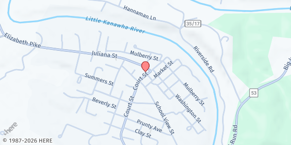 Map showing WIRT COUNTY MINISTERIAL ASSOCIATION at 98 COURT STREET, ELIZABETH, WV