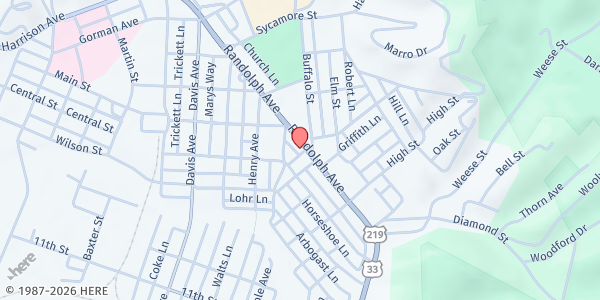 Map showing Community Response Foundation - Elkins at 203 Randolph Ave, Elkins, WV