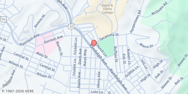 Map showing DAVIS MEMORIAL PRESBYTERIAN CHURCH at 450 RANDOLPH AVE, ELKINS, WV