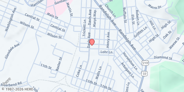 Map showing Helping Hand Clearing House at 105 1st St, Elkins, WV