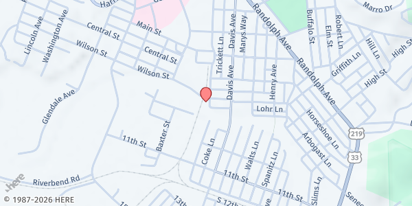 Map showing Pioneer Trails Ministries at 113 1st St., Elkins, WV