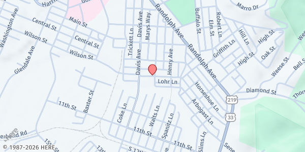 Map showing PIONEER TRAILS MINISTRY at 1ST. ST, ELKINS, WV