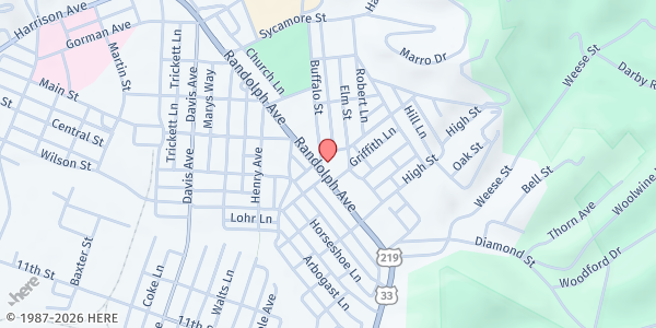 Map showing SUMMIT CHARITIES - Elkins at 22 BUFFALO ST., ELKINS, WV