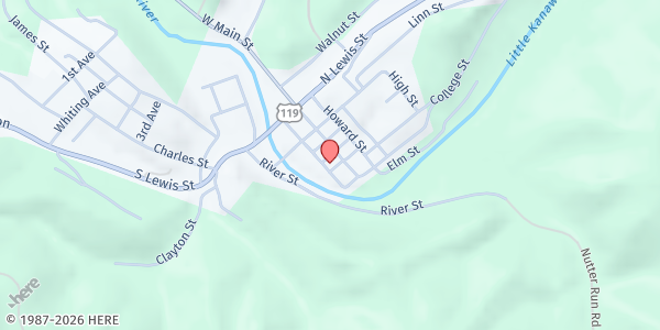 Map showing First Baptist Church at 217 E Main St, Glenville, WV