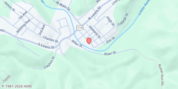 Map showing Glenville Church of Christ at 221 Powell St, Glenville, WV