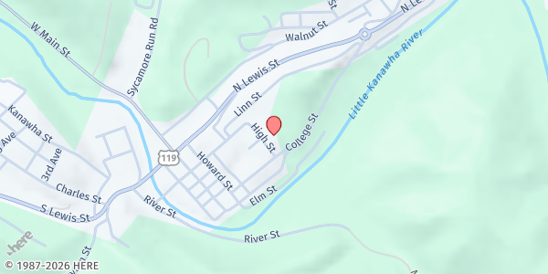 Map showing GLENVILLE STATE UNIVERSITY at 200 HIGH STREET, GLENVILLE, WV